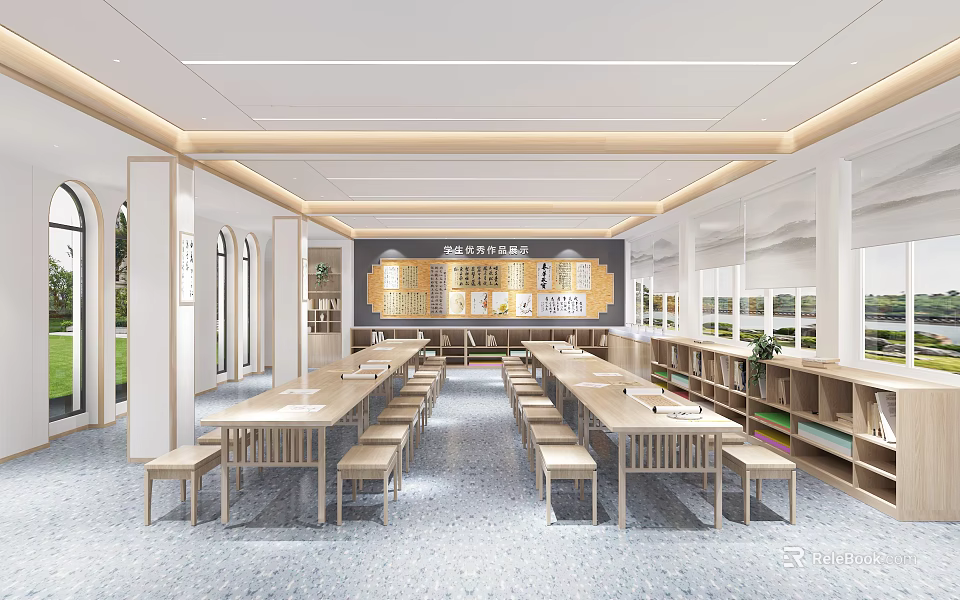 Modern Elementary School Classroom with Long Tables Chairs Bookshelves Display Wall and Large Windows 3d model 