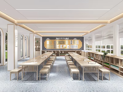 Modern Elementary School Classroom with Long Tables Chairs Bookshelves Display Wall and Large Windows 3d model