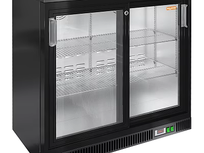 Double Door Glass Door Black Display Refrigerator With Metal Shelves And Control Panel 3d model