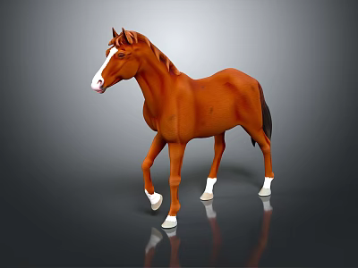 Brown horse with white face and legs standing on gray background showing reflection on surface 3d model