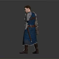 Medieval Warrior Man in Blue Full Armor Holding Bow and Sword