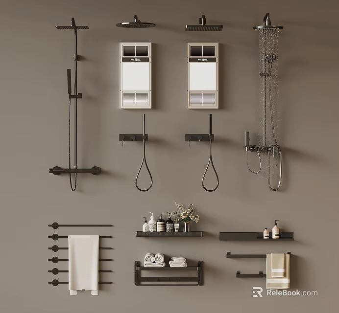 Stylish Bathroom Accessories with Shower Components Mirrors Towel Racks and Toiletries 3d model 
