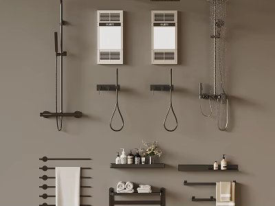 Stylish Bathroom Accessories with Shower Components Mirrors Towel Racks and Toiletries 3d model