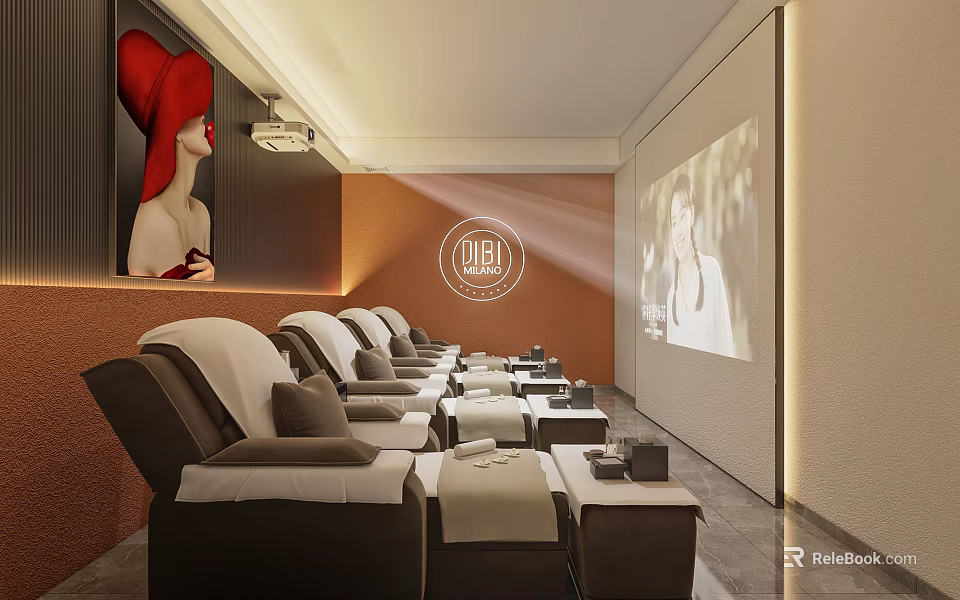 Elegant Home Theater Interior With Comfortable Recliners Projection Screen And Warm Lighting 3d model 