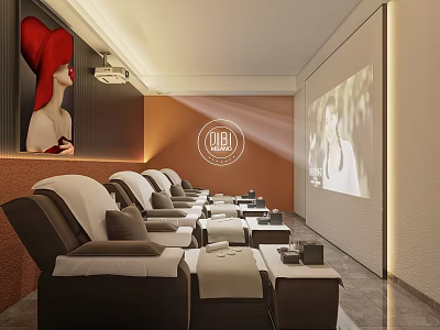 Elegant Home Theater Interior With Comfortable Recliners Projection Screen And Warm Lighting 3d model