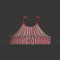 Pink And White Striped Circus Tent With Red Cone Tops Colorful Flags And String Lights