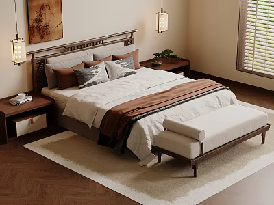 Modern Double Bed With Wooden Headboard Bedside Tables Table Lamps And Bench 3d model