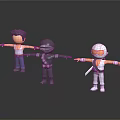 Three Colorful Cartoon Characters Standing With Outstretched Arms In Different Costumes On Black Background