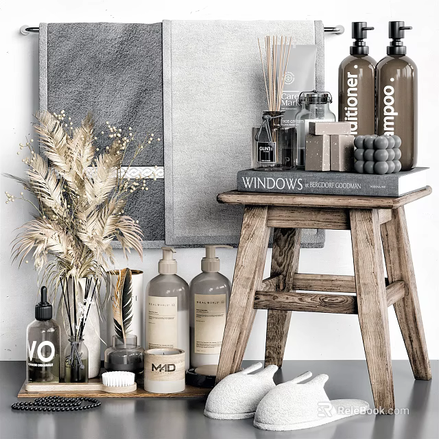 Elegant Bathroom Accessories Arranged with Grey Towel Dried Flowers Toiletries and Candle on Wooden Stool 3d model 