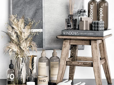 Elegant Bathroom Accessories Arranged with Grey Towel Dried Flowers Toiletries and Candle on Wooden Stool 3d model