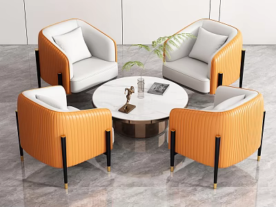 Modern Orange and White Leather Sofa and Round Coffee Table Set with Decorative Plant 3d model