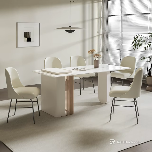 Modern White Rectangular Dining Table Set With Four Chairs Dried Flower Vase And Potted Plant 3d model