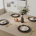 Minimalist Tableware Set With Black Plates Golden Cutlery Vase Flowers Fresh Fruits On Wooden Table