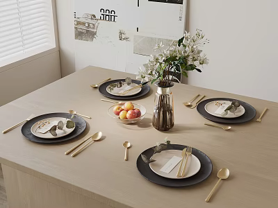 Minimalist Tableware Set With Black Plates Golden Cutlery Vase Flowers Fresh Fruits On Wooden Table 3d model