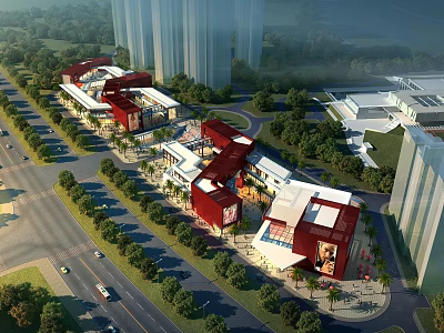 Modern Commercial Street Featuring Red And White Architecture With Greenery Trees And Lawns 3d model