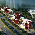 Modern Commercial Street Featuring Red And White Architecture With Greenery Trees And Lawns