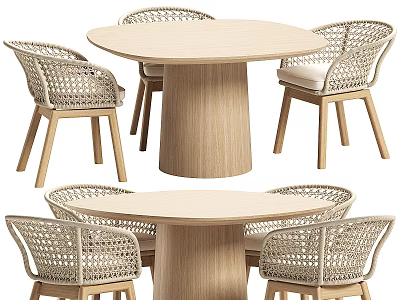 Round Wooden Dining Table Set With Woven Rattan Chairs And Natural Wood Legs 3d model