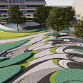 Scenic Outdoor Public Space With Wooden Dome Structures Walkway And Green Lawn