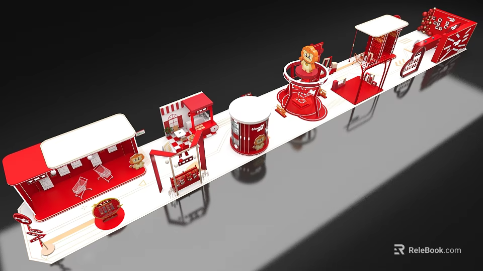 Interactive Zone With Red White Stalls Cartoon Character And Play Structures 3d model