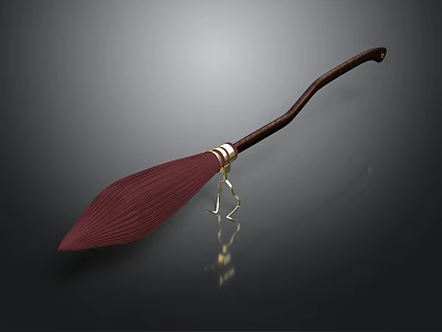 Red Pleated Brush With Brown Long Handle And Golden Decoration On Dark Background 3d model