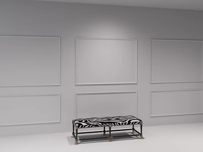 Zebra Print Bench in White Room with Metal Legs and Rectangular Wall Frames 3d model