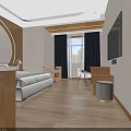 Modern Bedroom Interior With Large Bed Baby Crib TV And Wooden Floor