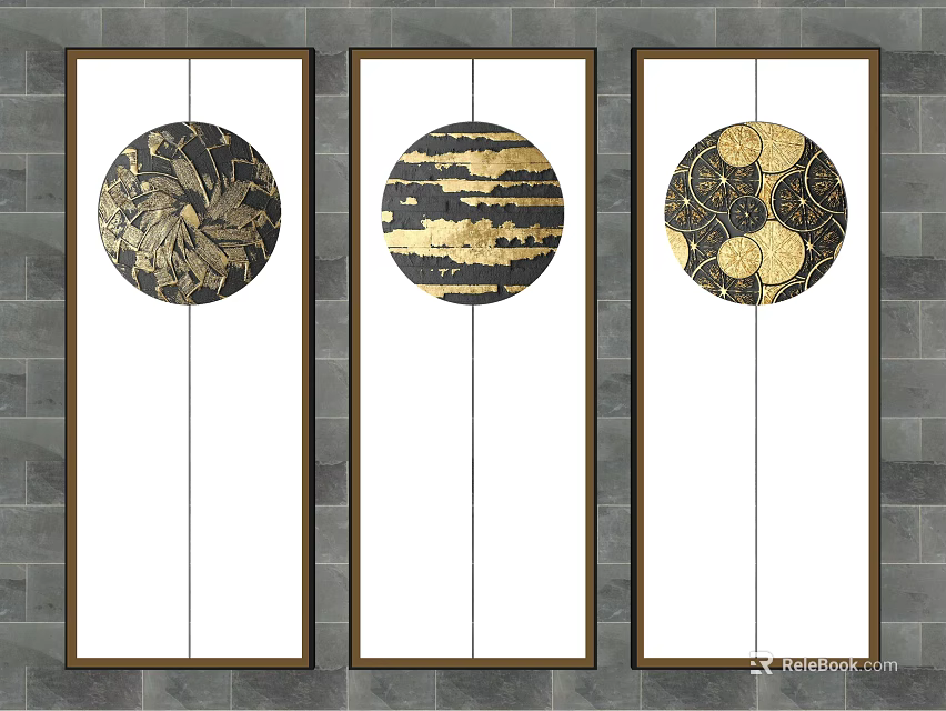 Three Panel Circular Wall Art With Gold Ornate Patterns White Background And Dark Frames 3d model