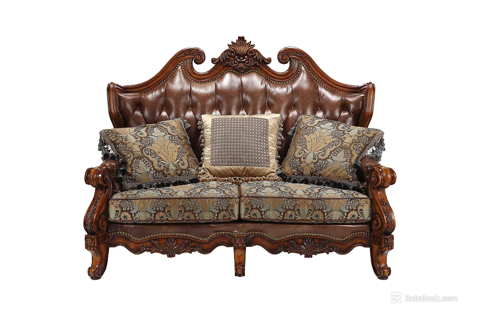 Elegant European Style Multi Seat Sofa With Carved Wooden Frame Leather Backrest And Patterned Cushions 3d model 