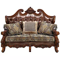 Elegant European Style Multi Seat Sofa With Carved Wooden Frame Leather Backrest And Patterned Cushions
