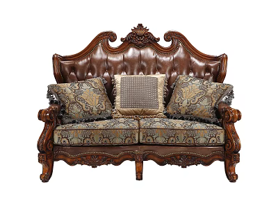 Elegant European Style Multi Seat Sofa With Carved Wooden Frame Leather Backrest And Patterned Cushions 3d model