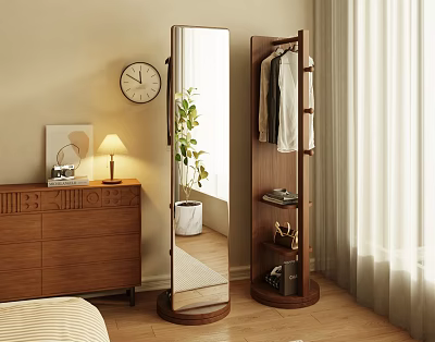 Floor Standing Mirror With Wooden Clothes Rack In Cozy Bedroom Interior With Plant And Cabinet 3d model