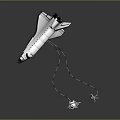 Space Shuttle Model With Astronaut Figures Hanging On Strings Against Gray Background