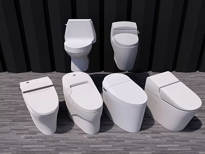 Multiple White Toilets In Various Modern Designs Displayed On Wooden Floor 3d model