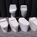 Multiple White Toilets In Various Modern Designs Displayed On Wooden Floor