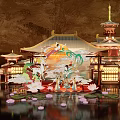 Traditional Chinese Architectural Commercial Landscape With Illuminated Pavilions And Lotus Reflections
