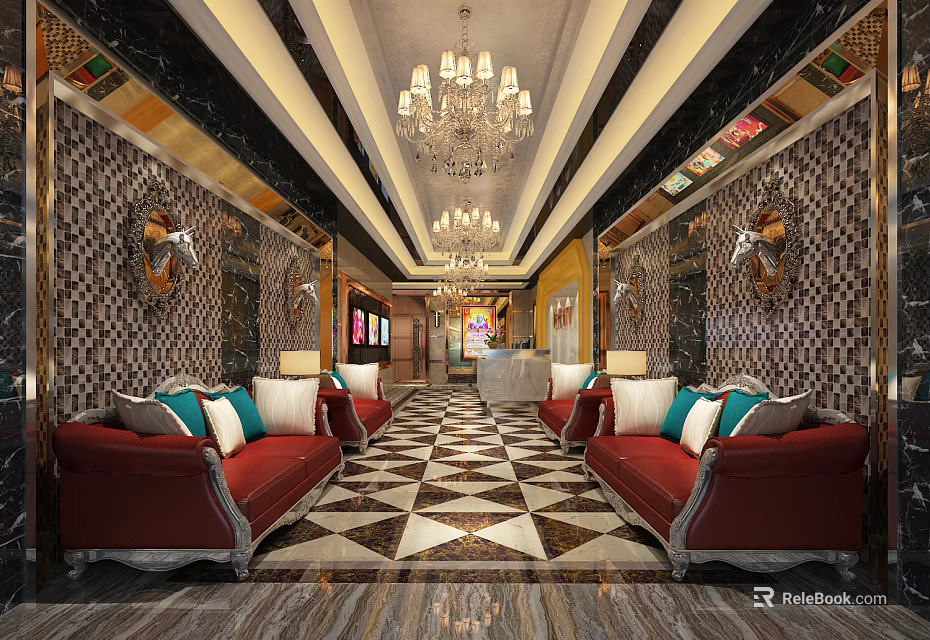 Luxury KTV Interior Design With Red Sofas Crystal Chandeliers And Geometric Patterned Carpet 3d model