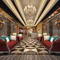 Luxury KTV Interior Design With Red Sofas Crystal Chandeliers And Geometric Patterned Carpet 3d model