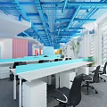 Modern Public Office Space With Blue Ceiling Structures Open Desks And Black Office Chairs 3d model