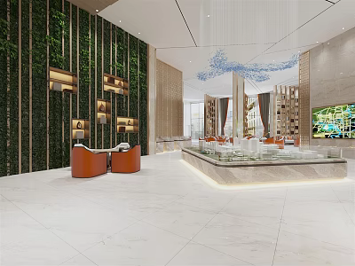 Modern Sales Office Interior With Living Green Wall Display Counter And Comfortable Seating 3d model
