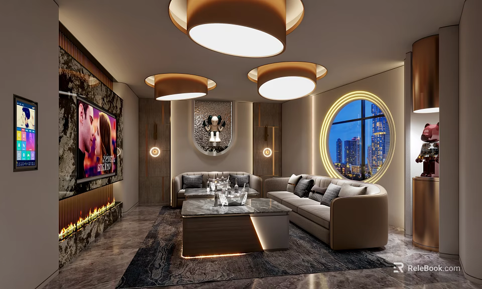 Modern Luxury KTV Interior With Comfortable Sofa LED Lighting And Large TV Screen 3d model 