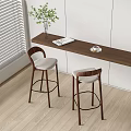 Modern Wooden Bar Counter With Two Bar Stools Plant Vase Magazine And Coffee Cup