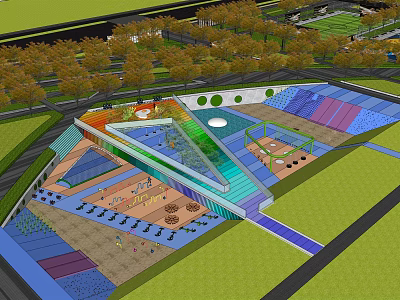 Vibrant Park Landscape With Colorful Paved Areas Trees And Recreational Spaces 3d model