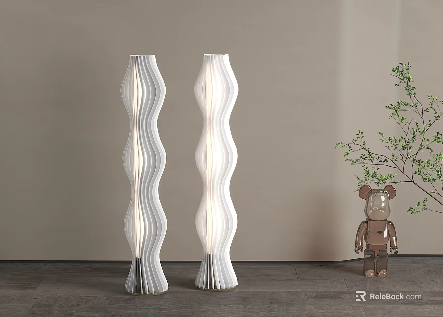 White Wavy Floor Lamps In Modern Room With Stuffed Bear Toy And Green Plant 3d model 