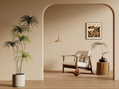 Modern Leisure Chair In Beige Space With Wooden Flooring Arched Doorway Green Plants And Artwork 3d model