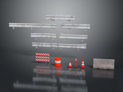 Road Construction Safety Items With Metal Guardrails Traffic Cones Barricade And Concrete Slab 3d model