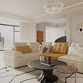 Modern Elegant Sofa Set With White And Gold Sections Round Rug Coffee Table And Chandelier