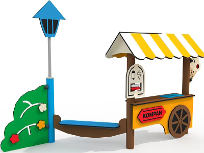 Kids Playground With Colorful Kiosk Yellow White Striped Canopy Blue Lamp And Green Decorations 3d model