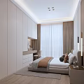 Modern Bedroom Interior With Bed Window Chair And Wooden Floor Curtains