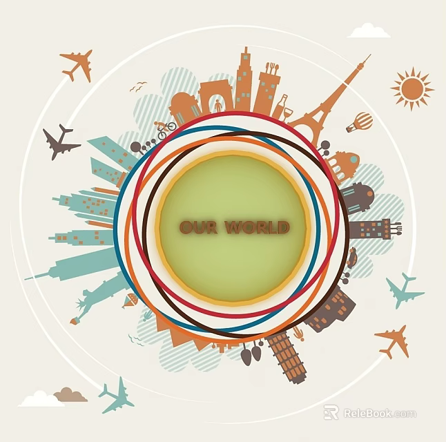 Colorful Illustration Style Background Wall with OUR WORLD Text Landmark Buildings Airplanes and Sun 3d model 