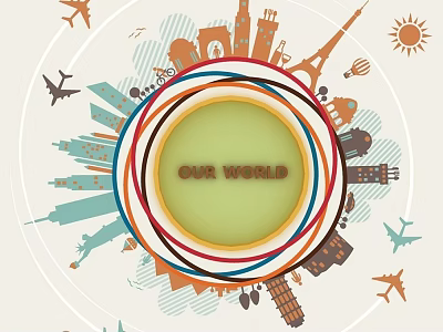 Colorful Illustration Style Background Wall with OUR WORLD Text Landmark Buildings Airplanes and Sun 3d model